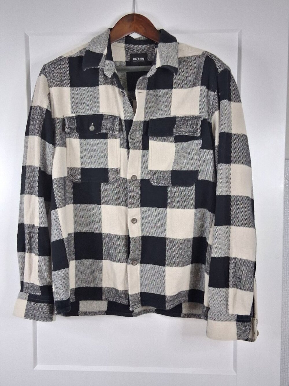 ONLY & SONS Overshirt Mens XL Black Cream Plaid 100% Cotton Shirt Jacket